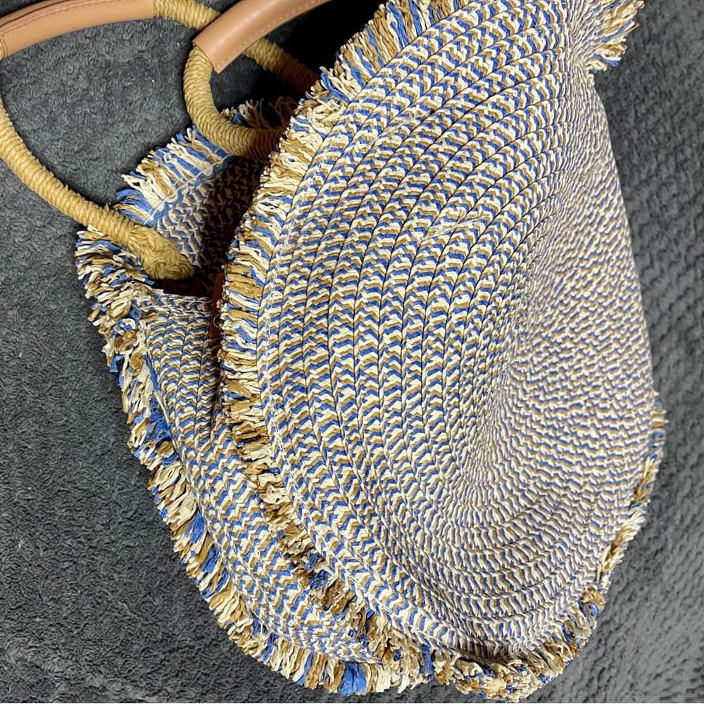 Zara Natural and Blue Straw Tote with Braided Handles - Picture 2 of 3